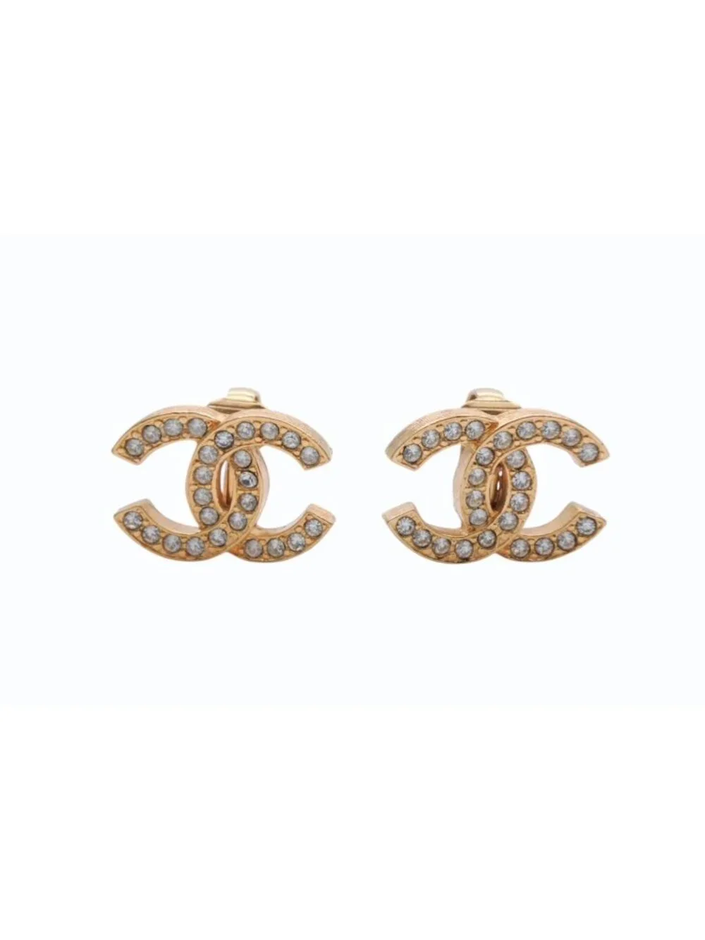 Chanel CC Logo Earrings Metal Rhinestone Gold Clear